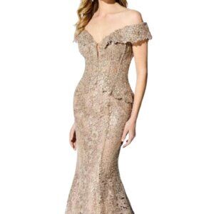 NWT Ivonne D ID900 Sequined Mother of the Bride Dress Antique Gold Size 20
